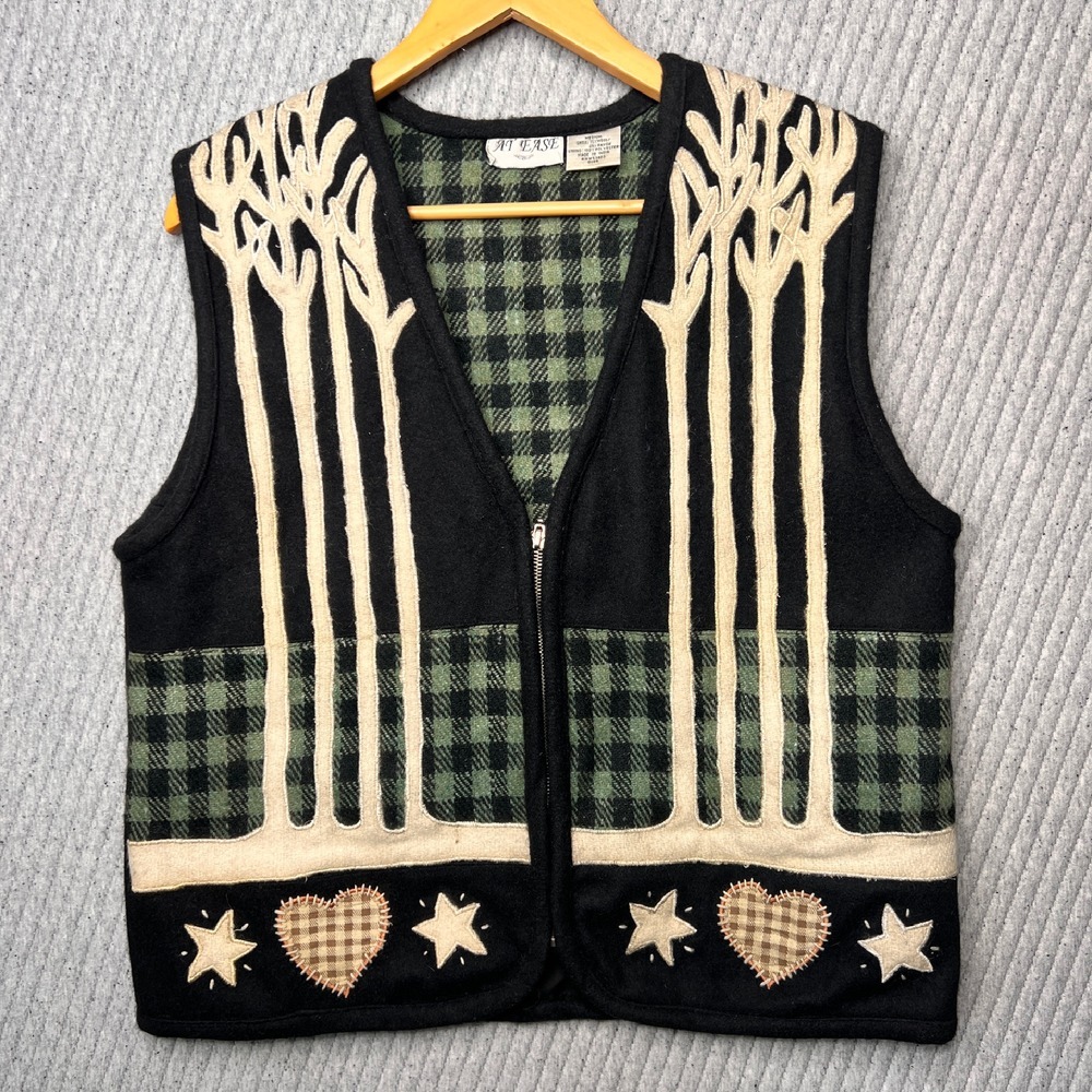 Vintage 90s At Ease Quilted‎ Vest Wool Rayon Appliqué Barn Cottage Fun Hearts